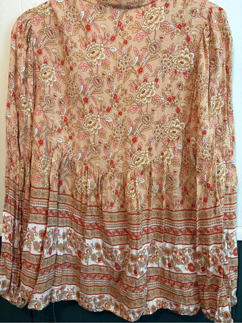 Elings Beige Floral Button-Down Peasant Top - Picture 2 of 7
